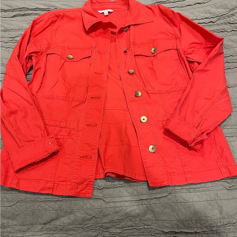 CAbi Vintage Lobster Taylor Ruffle-Hem Utility jacket